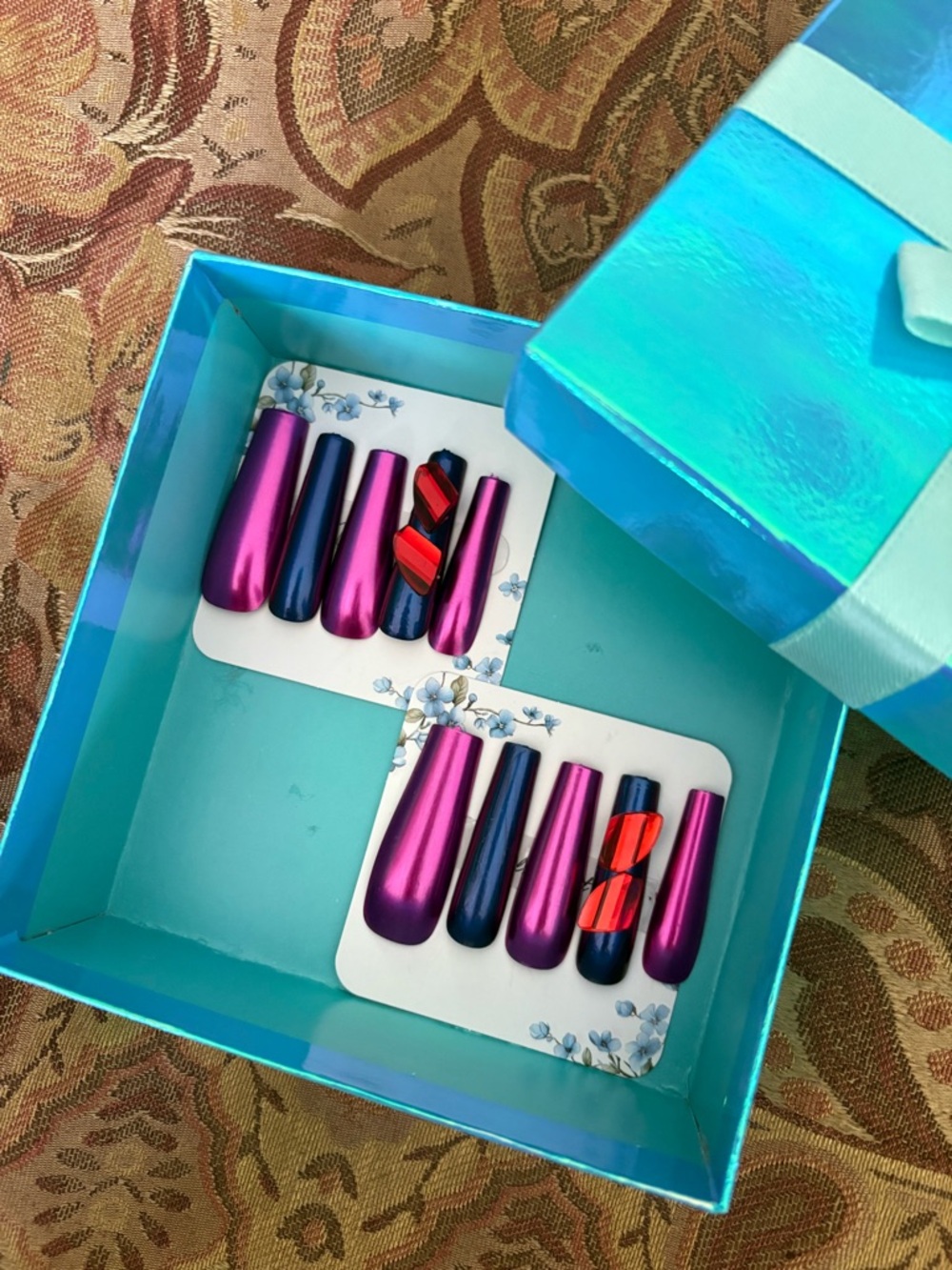 Metallic Purple & Navy Press-On Nail Set with Red Accent